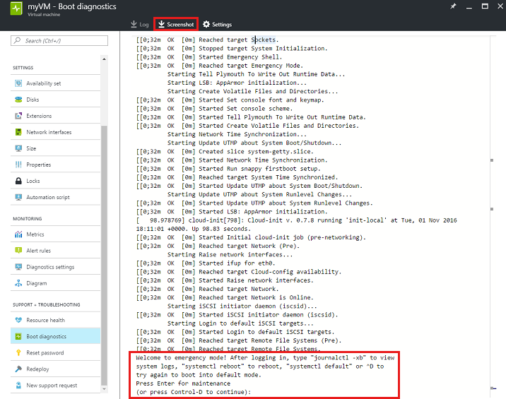 Screenshot della visualizzazione dei log della console di diagnostica di avvio di V M.