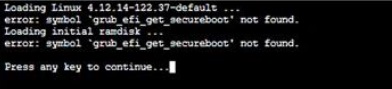 Screenshot dell'errore grub 'grub_efi_get_secure_boot' non trovato.