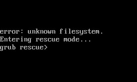 Screenshot dell'errore del file system sconosciuto grub.