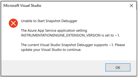 Screenshot dell'estensione del sito Snapshot Debugger incompatibile Visual Studio 2017.