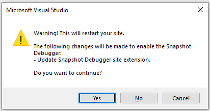 Screenshot dell'estensione del sito Snapshot Debugger incompatibile Visual Studio 2019.