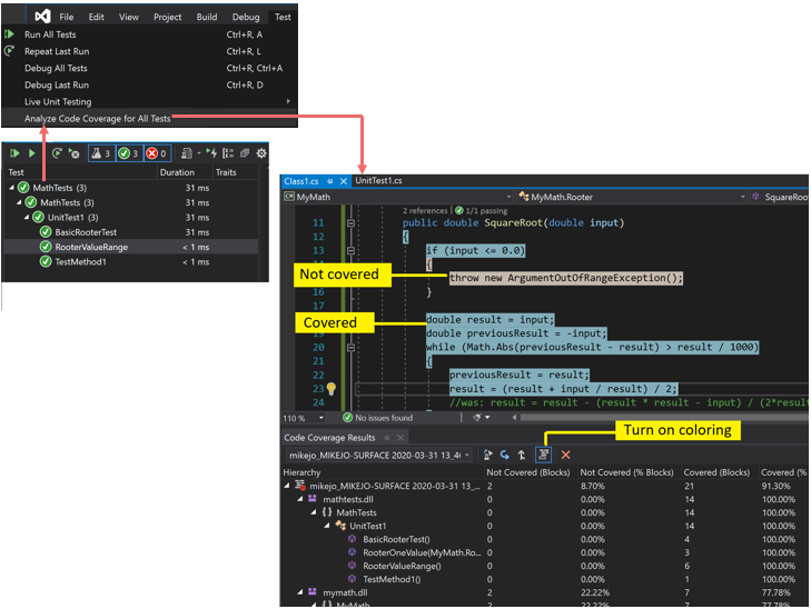 Screenshot che mostra i risultati del code coverage con la colorazione.