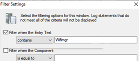 Screenshot che mostra come filtrare CMTrace per cercare i profili di configurazione di WiFiMgr nei dispositivi Android.