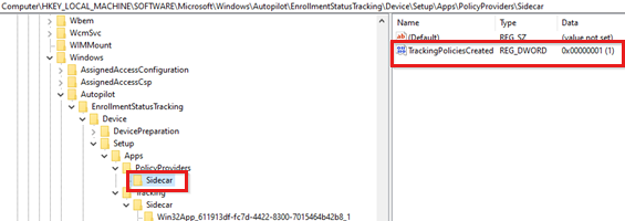 Screenshot che mostra il valore TrackingPoliciesCreated nella sottochiave Sidecar.