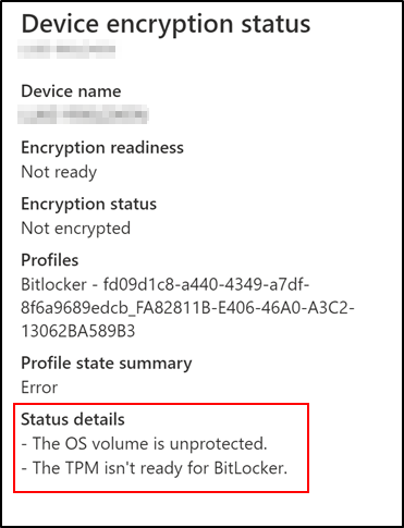 Intune dettagli sullo stato di crittografia del dispositivo che mostrano che TPM non è pronto per BitLocker.