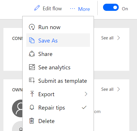 Screenshot per eseguire copie dei flussi usati da Power App selezionando l'opzione Salva con nome.