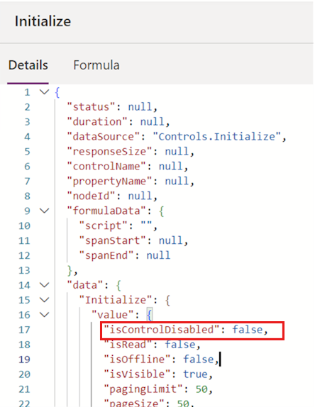 Screenshot dell'attributo isControlDisabled nello strumento Monitoraggio di Power Apps.