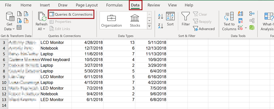 Screenshot che mostra l'opzione Query e Connections nella scheda Dati.