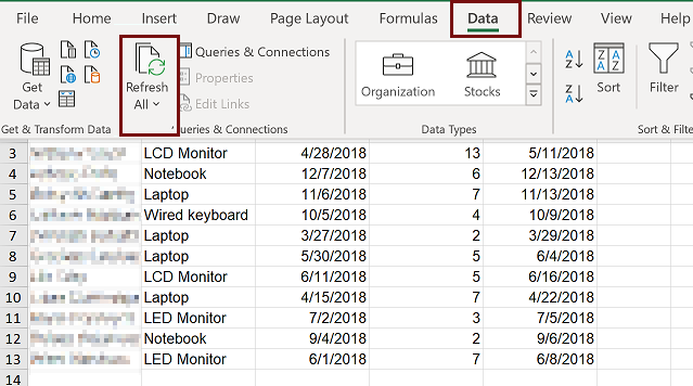 Screenshot che mostra come aggiornare i dati dell'app in Excel.