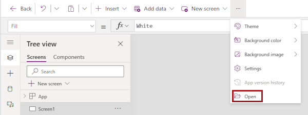 Screenshot che mostra un popup alla fine della barra dei menu in Power Apps Studio, contenente altre voci di menu. L'opzione Apri è evidenziata.