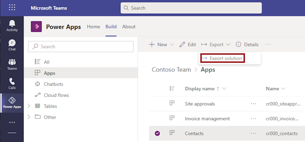 Screenshot che mostra l'elenco delle app. Viene selezionata un'app e il pulsante di comando per Esporta soluzione è evidenziato nella barra dei menu in alto.