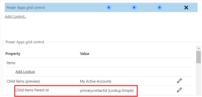 Screenshot che mostra il parametro Parent ID elemento figlio nel controllo griglia di Power Apps.