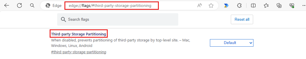 Screenshot che mostra l'impostazione Partizionamento archiviazione di terze parti in Microsoft Edge.