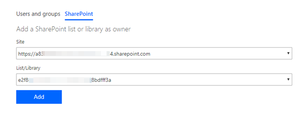 Screenshot per condividere i flussi con elenchi e raccolte di SharePoint.