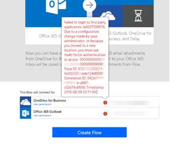 Screenshot dell'errore di creazione automatica della connessione con AADSTS50076.