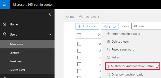 Screenshot che mostra che M F A può essere configurato da interfaccia di amministrazione di Microsoft 365.