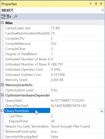 Screenshot della finestra delle proprietà del piano di esecuzione di SQL Server con la proprietà QueryTimeStats espansa.