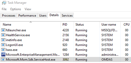 Screenshot del PID del servizio OMSDK.