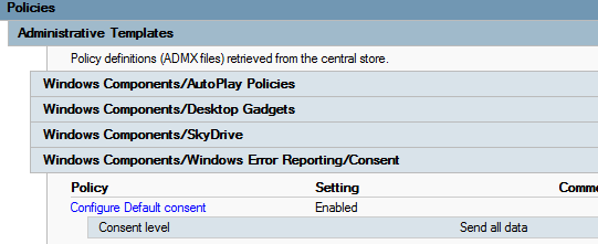 Screenshot che mostra che l'opzione Disattiva il criterio configura consenso predefinito è abilitata. La casella sotto questo criterio mostra che il livello di consenso è Invia tutti i dati.