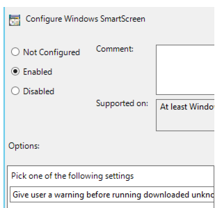 Screenshot della finestra Configura impostazione SmartScreen di Windows nell'Editor oggetti Criteri di gruppo se si seleziona la seconda opzione.