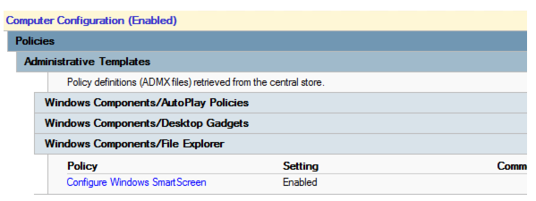 Screenshot che mostra che il criterio Configura Windows SmartScreen è abilitato ed è vuoto in questo criterio.