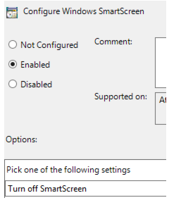 Screenshot della finestra Configura impostazione SmartScreen di Windows nell'Editor oggetti Criteri di gruppo quando si seleziona l'opzione Disattiva SmartScreen.