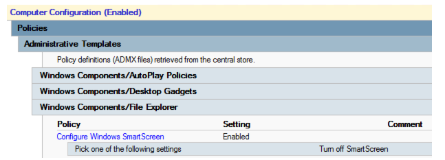 Screenshot che mostra che il criterio Configura Windows SmartScreen è abilitato. Disattiva SmartScreen è elencato nella casella Seleziona una delle impostazioni seguenti.