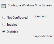 Screenshot della finestra Configura impostazione SmartScreen di Windows nell'Editor oggetti Criteri di gruppo. Il valore è impostato su Disabilitato.