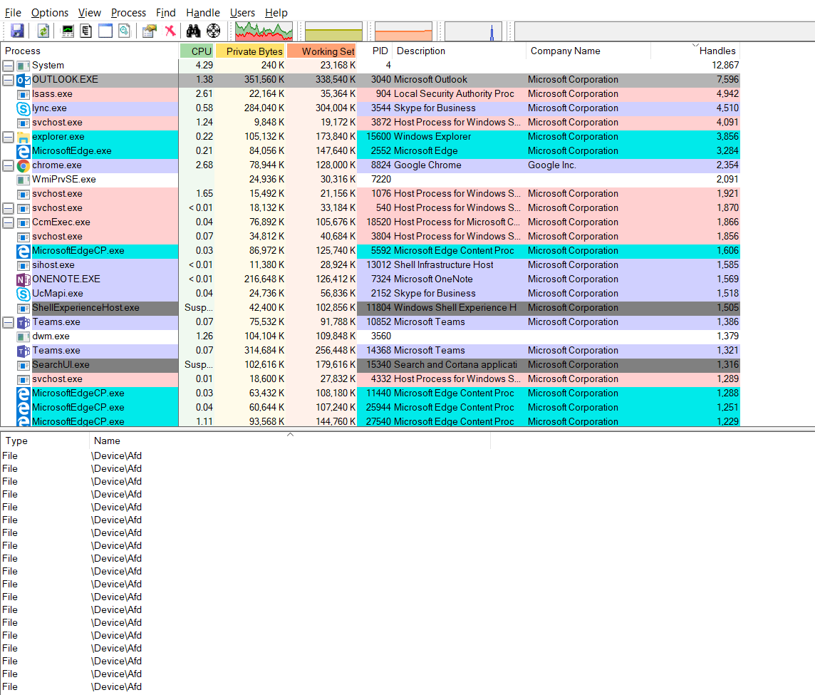 Screenshot di Process Explorer con i processi ordinati per handle.