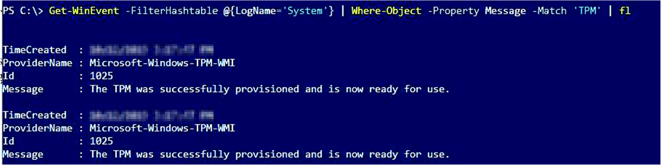 Screenshot dell'output prodotto usando Get-WinEvent e un filtro TPM.