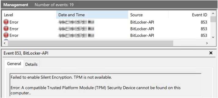 Screenshot dei dettagli dell'ID evento 853 (TPM non è disponibile, non è possibile trovare TPM).