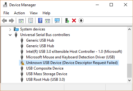 Screenshot di Gestione dispositivi che mostra un dispositivo USB sconosciuto.