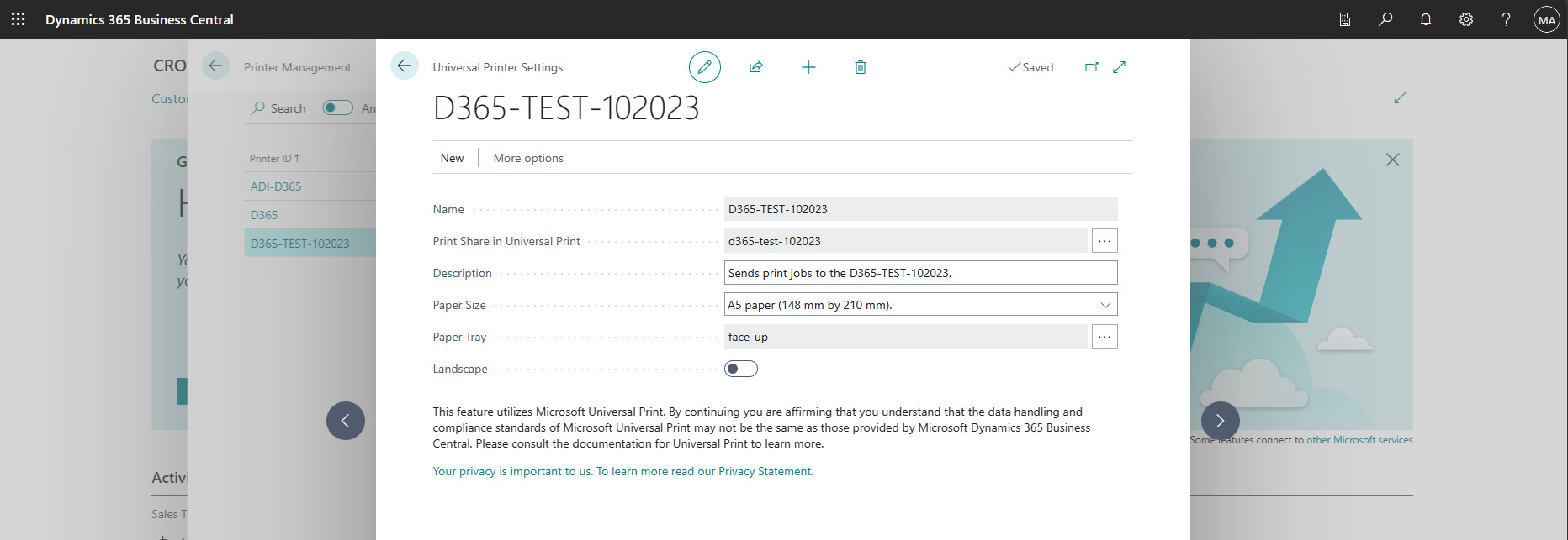 Impostazione delle dimensioni della carta di Dynamics 365 Business Central