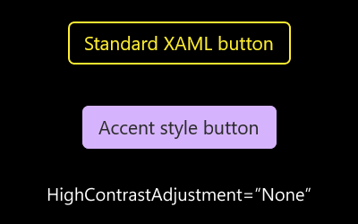 Esempio di pulsanti con HighContrastAdjustment impostato su nessuno.