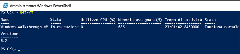 Screenshot della schermata Amministratore di Windows Power Shell che mostra l'output dopo aver immesso Get V M.