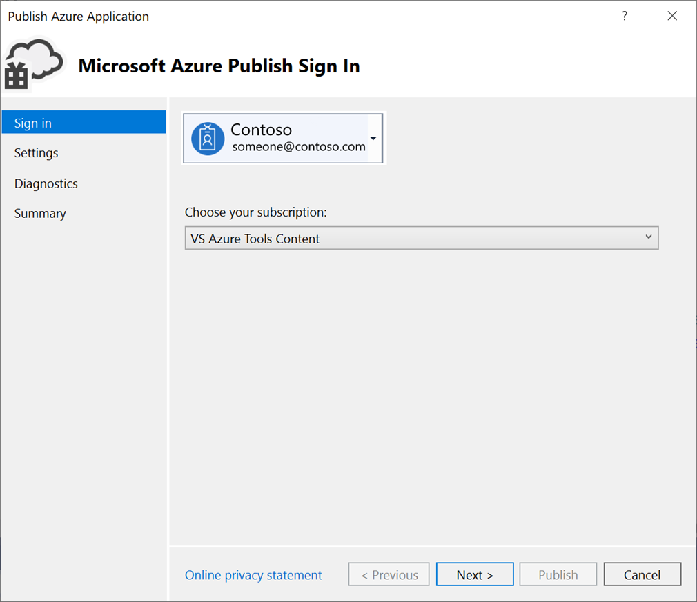 Screenshot che mostra il riquadro Di accesso alla pubblicazione di Microsoft Azure nella procedura guidata Pubblica app Azure lication.