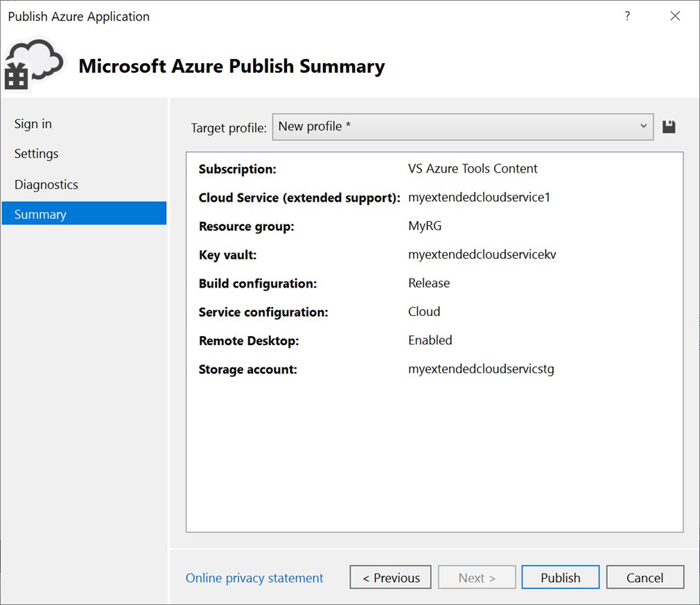 Screenshot che mostra il riquadro Riepilogo pubblicazione di Microsoft Azure.