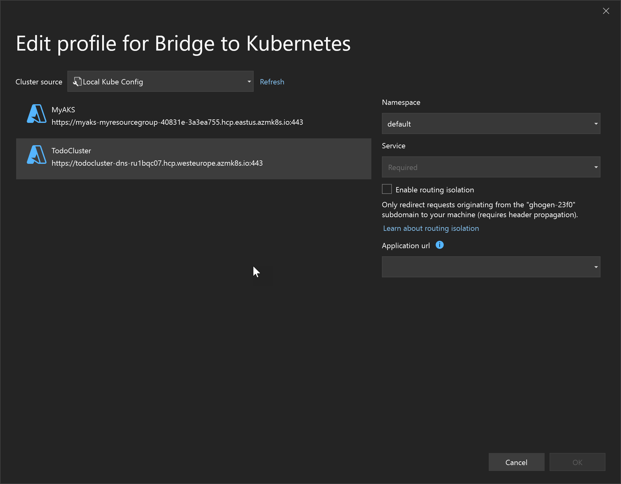 Screenshot che mostra la modifica di alcune delle proprietà più comuni del profilo Bridge to Kubernetes.