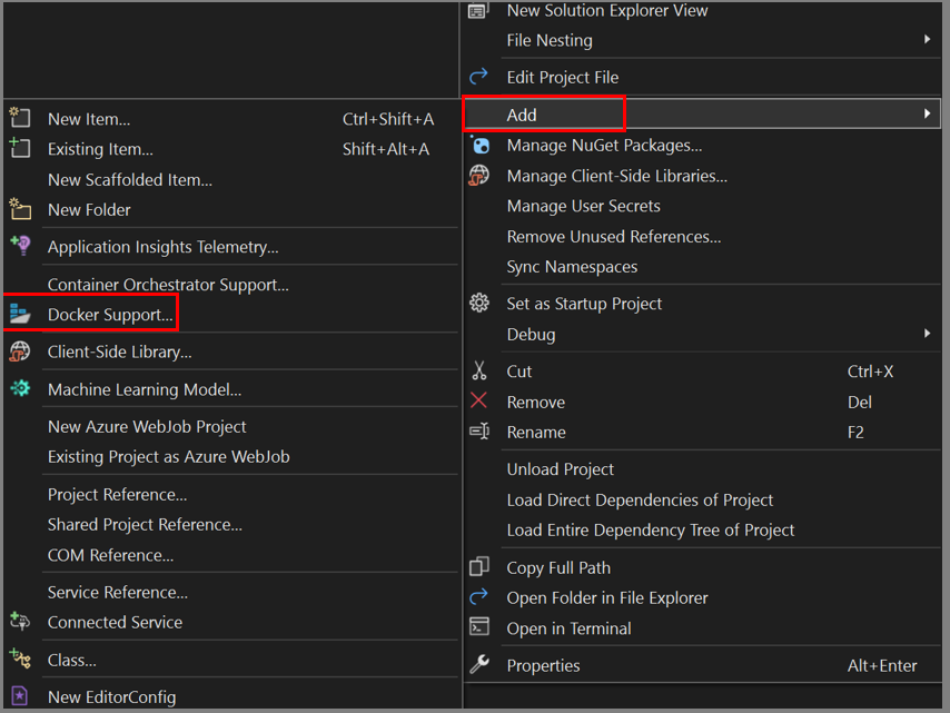 Screenshot che mostra come aggiungere l'opzione di menu Supporto Docker in Visual Studio.