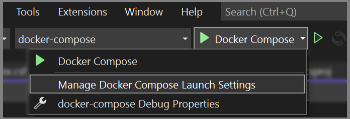 Screenshot della voce di menu Debug Manage Compose Impostazioni