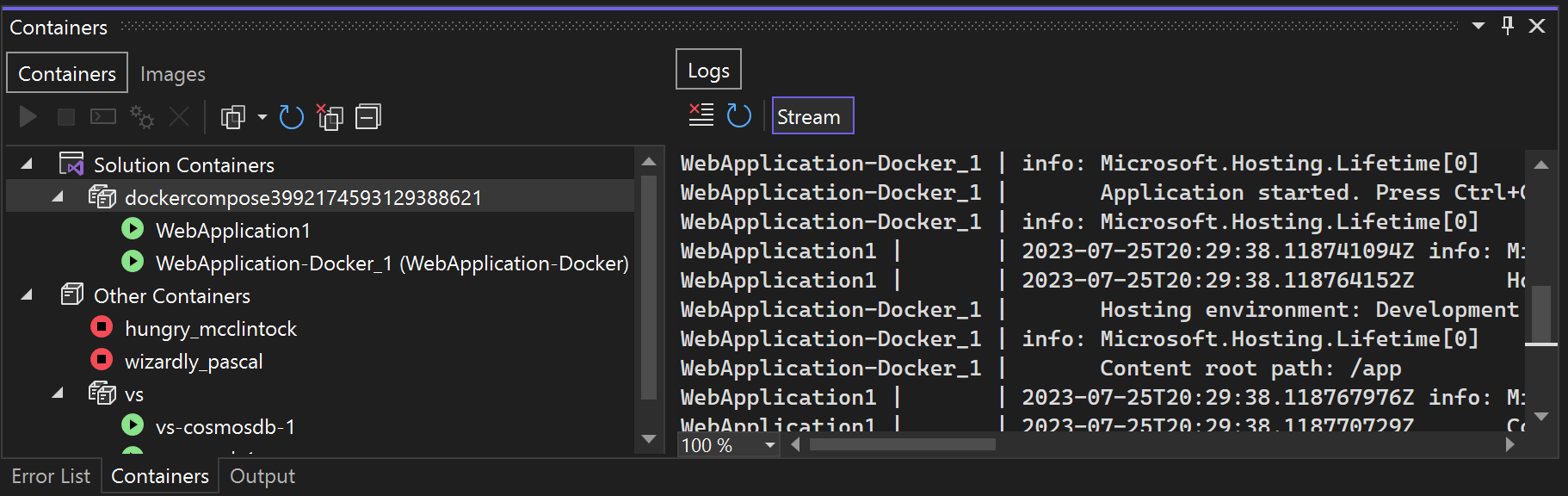 Screenshot che mostra i nodi Docker Compose nella finestra Contenitori.