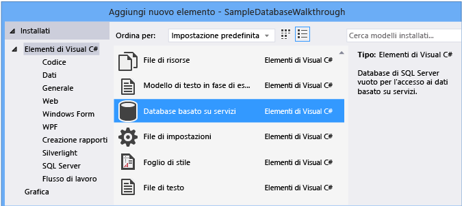 Aggiungere un nuovo database basato sul servizio elementi >