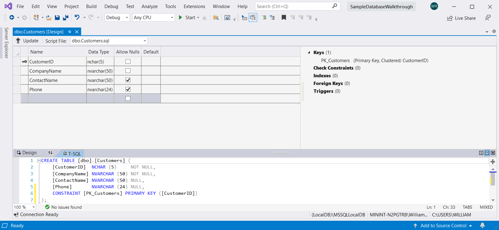 Tabella Progettazione tabelle con la tabella Customers