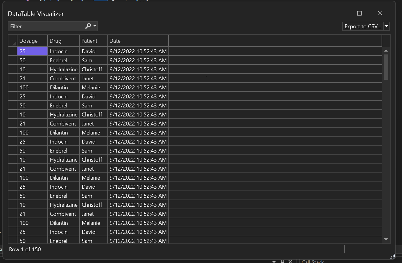 Screenshot di Visualizzare i dati del visualizzatore dataset.