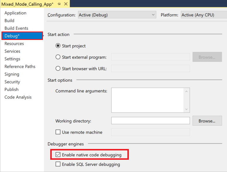 Screenshot che mostra come abilitare il debug in modalità mista per un progetto C# o Visual Basic in Visual Studio 2019.