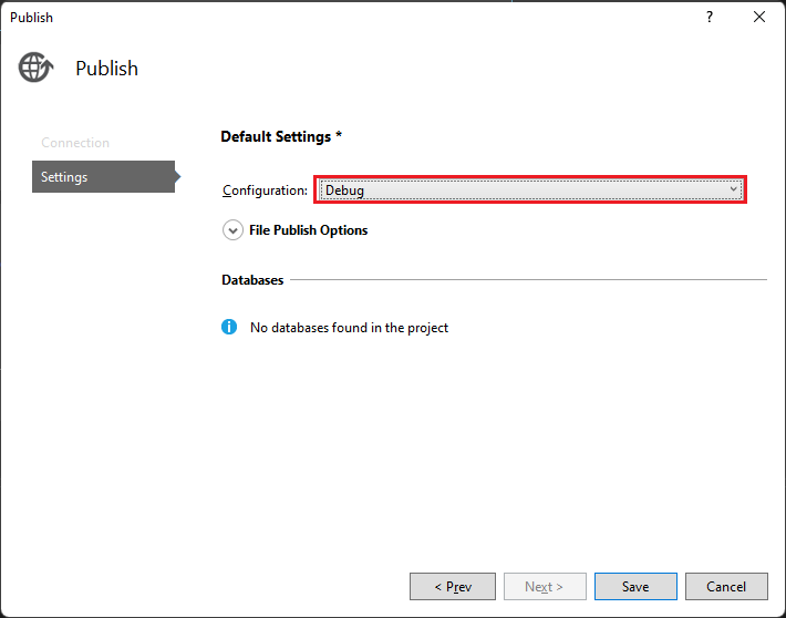 Screenshot della scheda Impostazioni nella finestra di dialogo Pubblica. La configurazione è impostata su Debug e viene selezionato il pulsante Pubblica.
