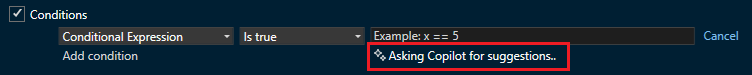 Screenshot di Copilot che usa i suggerimenti del punto di interruzione condizionale.