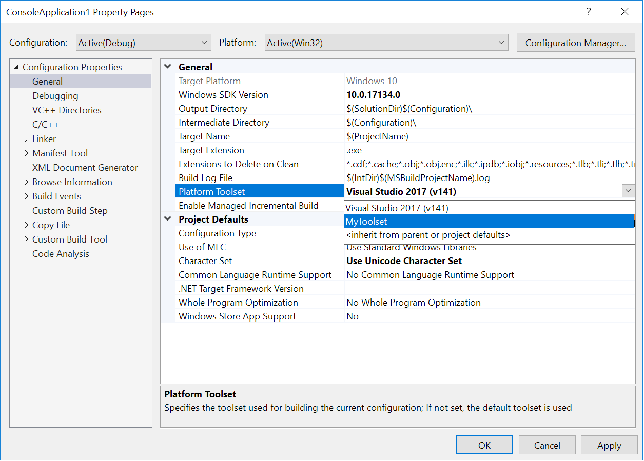 Proprietà Platform Toolset nella finestra di dialogo Pagine delle proprietà del progetto