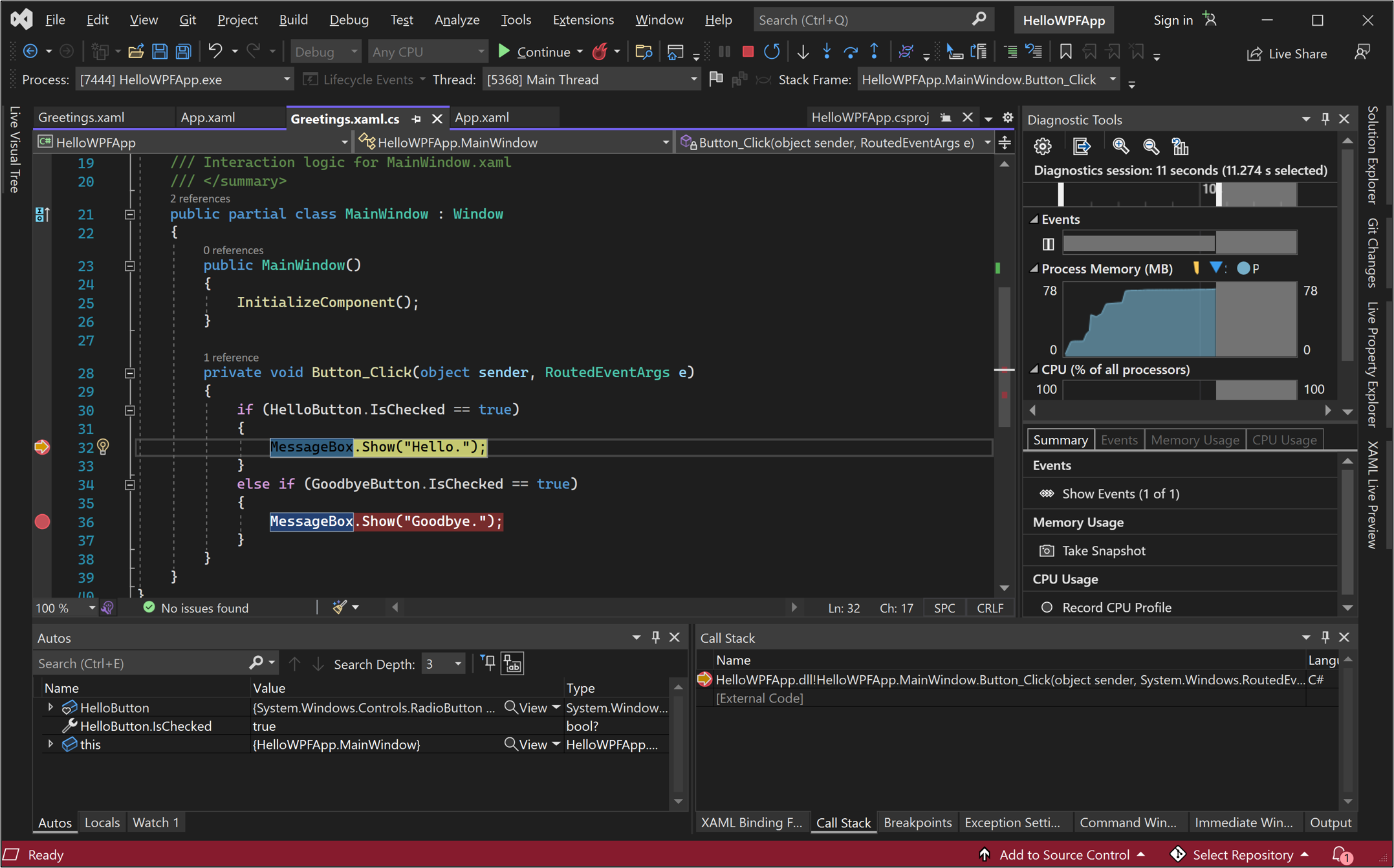 Screenshot of a debug session in Visual Studio. The code window for Greetings.xaml.cs shows execution stopped at a breakpoint with a line highlighted in yellow.