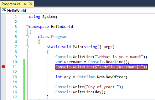 Screenshot che mostra un punto di interruzione in una riga di codice in Visual Studio.